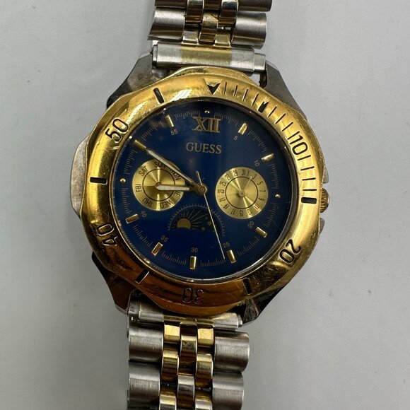 Vintage Guess Moon Phase Watch Men Silver Gold Two-Tone Blue Dial New Battery - Picture 4 of 12